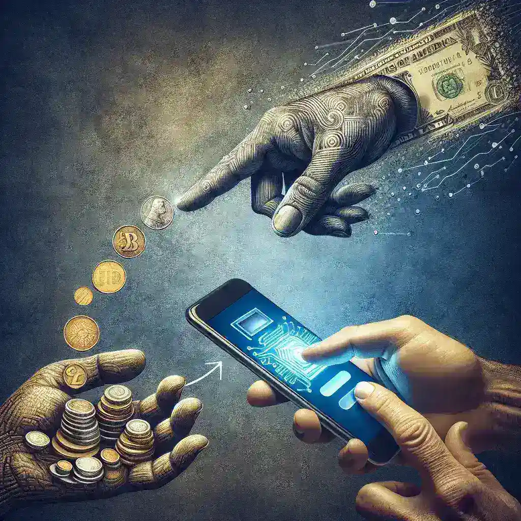 "Ilustração da evolução dos pagamentos digitais, mostrando a transição do dinheiro físico para transações financeiras modernas, simbolizando o futuro das finanças digitais."