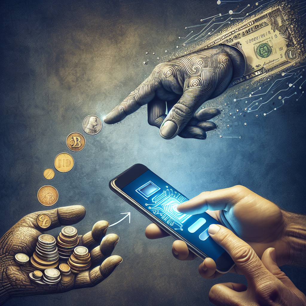 "Ilustração da evolução dos pagamentos digitais, mostrando a transição do dinheiro físico para transações financeiras modernas, simbolizando o futuro das finanças digitais."